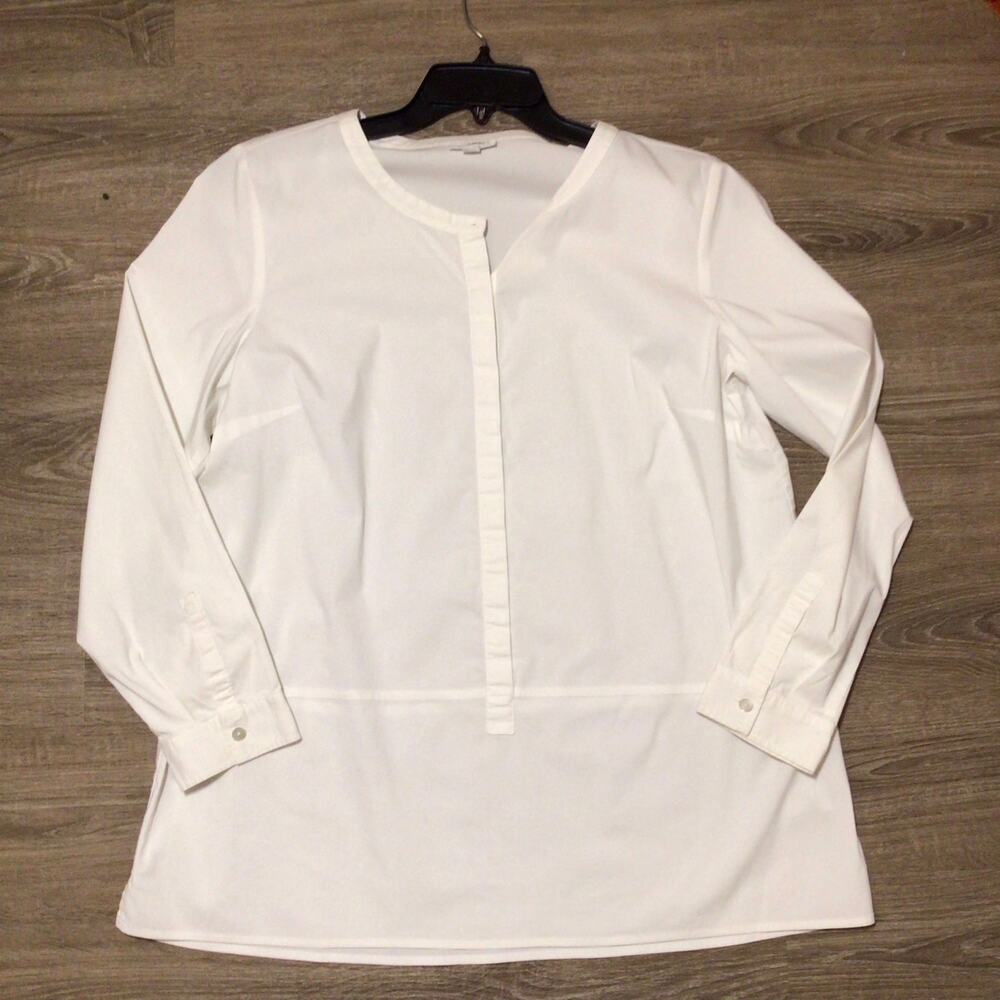 J.Jill White Button Down Shirt Tunic Size L Band Collar Classic Quiet Luxury